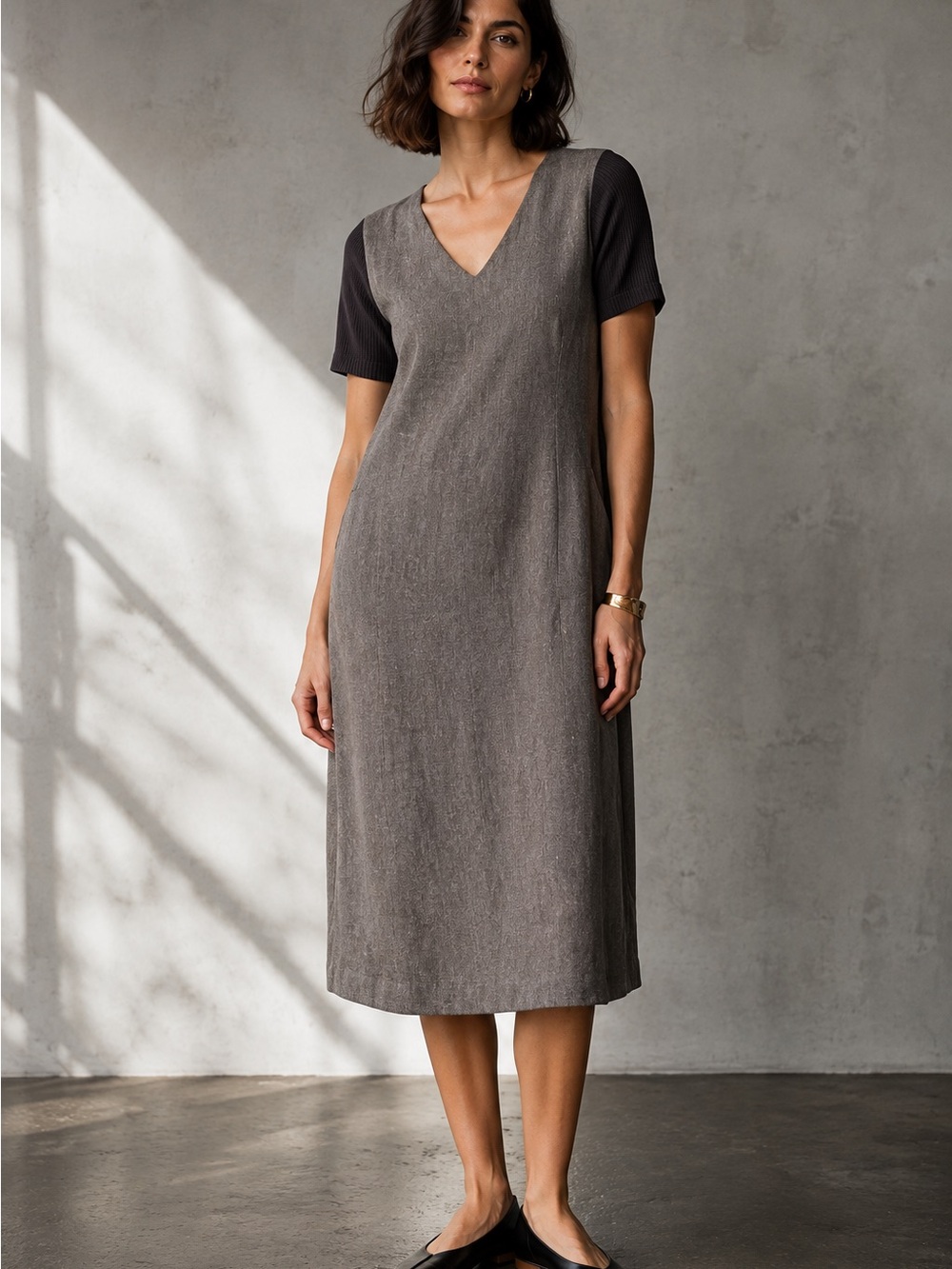 TONET Italy Linen Cotton Mixed Media Midi Dress Gray Brown IT 42 Medium